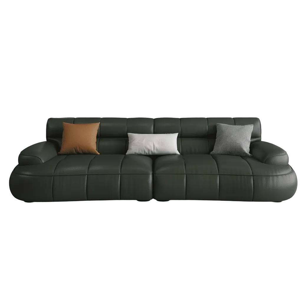 Black leather sofa with three pillows on a transparent background