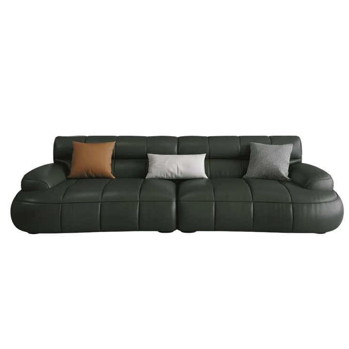 Black leather sofa with three pillows on a transparent background